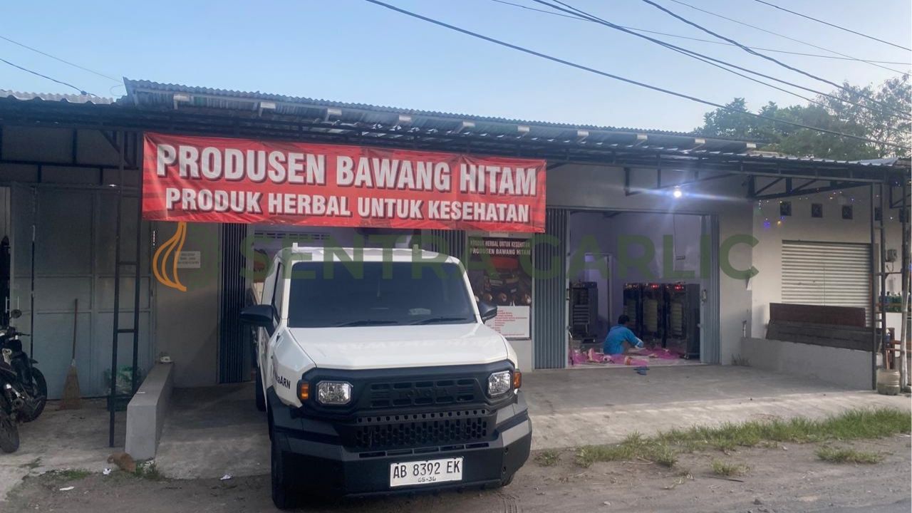 Contoh penataan produk kemasan Black Garlic di rak display apotek dan supermarket modern sebagai strategi pemasaran mitra Sentra Garlic.